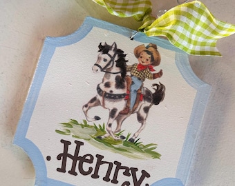 Vintage baby boy cowboy western horse hand painted monogrammed personalized ornament 5”x5”