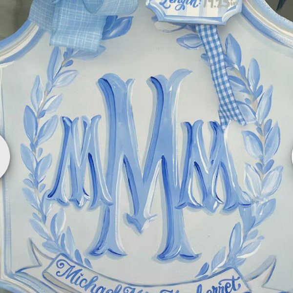 Blue and white hospital door hanger baby board with birth info tag