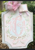 Baby girl hanger nursery door hospital door hanger Soft pink green wreath & rose buds blossom baby board with birth info tag