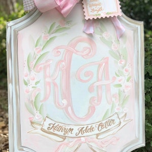 Baby girl hanger nursery door hospital door hanger Soft pink green wreath & rose buds blossom baby board with birth info tag