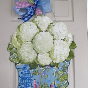 White hydrangea with a fun colorful blue chinoiserie pot Doorhanger.