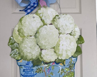 White hydrangea with a fun colorful blue chinoiserie pot Doorhanger.