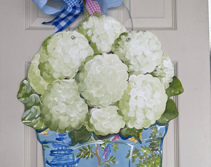White Hydrangea With a Fun Colorful Blue Chinoiserie Pot Doorhanger. - Etsy