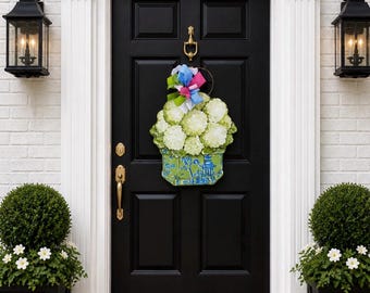 White Hydrangea Door Hanger, Chinoiserie Pot, Summer Decor (25x22)