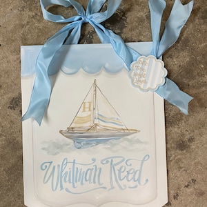Sailboat Baby Doorhanger. New Banner shape board. Baby boy door hanger