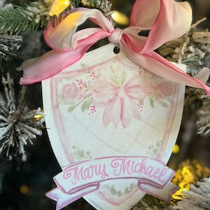 Personalized Pink Crest Christmas Ornaments. 6”x5”