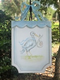 Vintage Stork Baby Door Hanger: Pink, Blue, Ecru Nursery Decor
