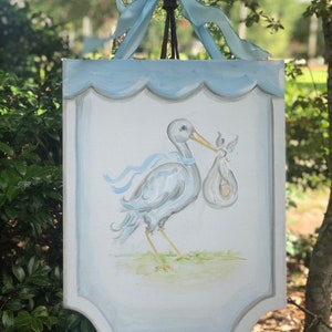 Baby stork door PINK or BLUE or ECRU Stork baby door hanger for nursery or hospital door in pink or blue.