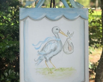 Baby stork door PINK or BLUE or ECRU Stork baby door hanger for nursery or hospital door in pink or blue.