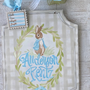 Rabbit Baby door hanger and birth info tag. Boy or girl door hanger. Hospital door hanger. Nursery door hanger.