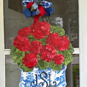 Red geranium in a chinoiserie pot. Flower door hanger. Summer door hanger. Artist Tree. Size 201/2”x24