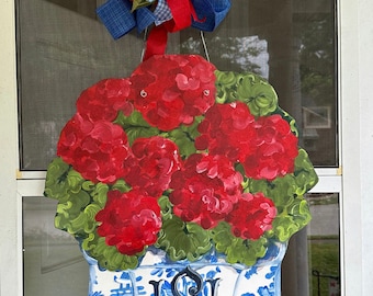 Red geranium in a chinoiserie pot. Flower door hanger. Summer door hanger. Artist Tree. Size 201/2”x24