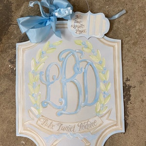 Baby boy hanger nursery door hospital door hanger Soft blue green wreath & blue buds OR cotton bolls blossom baby board with birth info tag