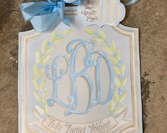 Baby boy hanger nursery door hospital door hanger Soft blue green wreath & blue buds OR cotton bolls blossom baby board with birth info tag