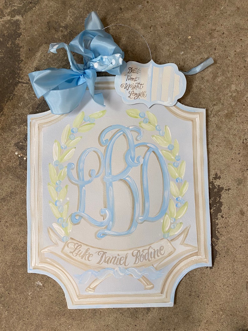 Baby boy hanger nursery door hospital door hanger Soft blue green wreath & blue buds OR cotton bolls blossom baby board with birth info tag