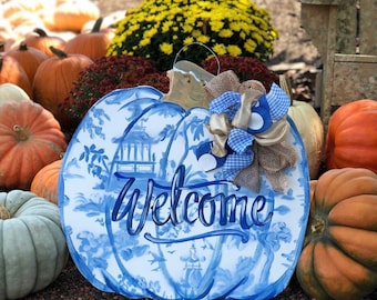 Chinoiserie Pumpkin Door Hanger, Blue Willow Fall Decor Halloween