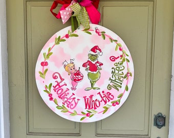 Grinch and Cindy Lou Who circle door hanger