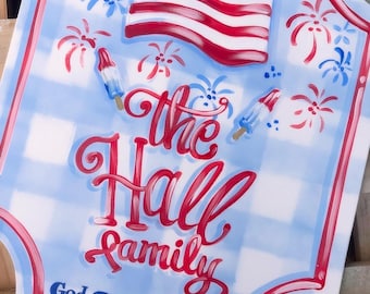 Patriotic Gingham Firework Door Hanger: 4th of July Decor God Bless the USA