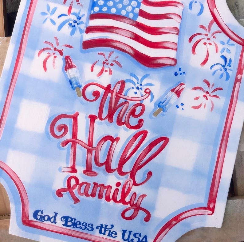 Patriotic Gingham board firework door hanger flag Fireworks bomb pop Summer door hanger. America Red white and blue. 4th of July decor