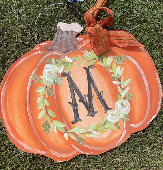 Monogrammed Watercolor Pumpkin Door Hanger: Orange Floral Fall Decor