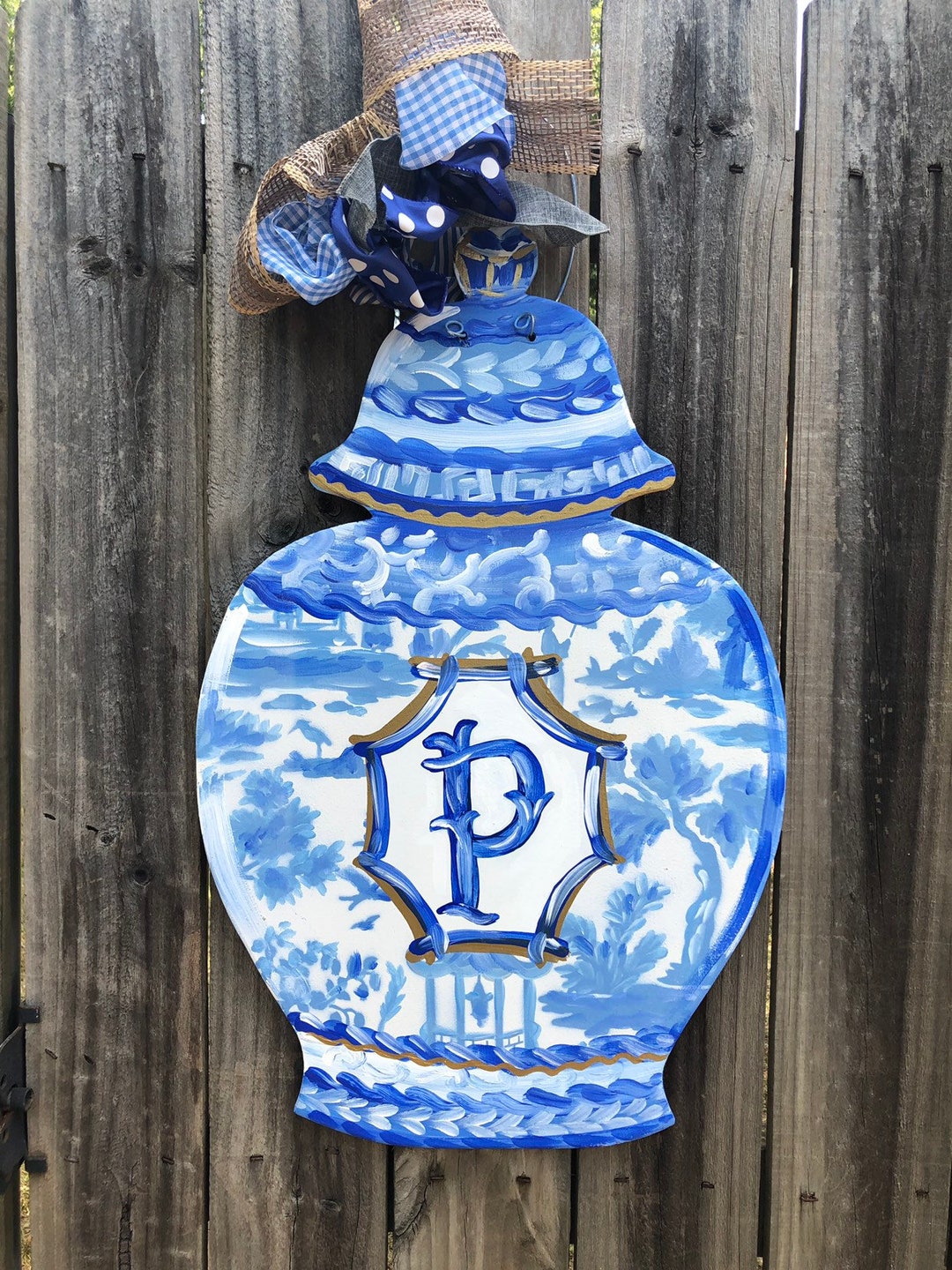 Personalized Chinoiserie Ginger Jar Door Hanger: Blue & White