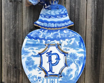 Personalized Chinoiserie Ginger Jar Door Hanger: Blue & White Decor