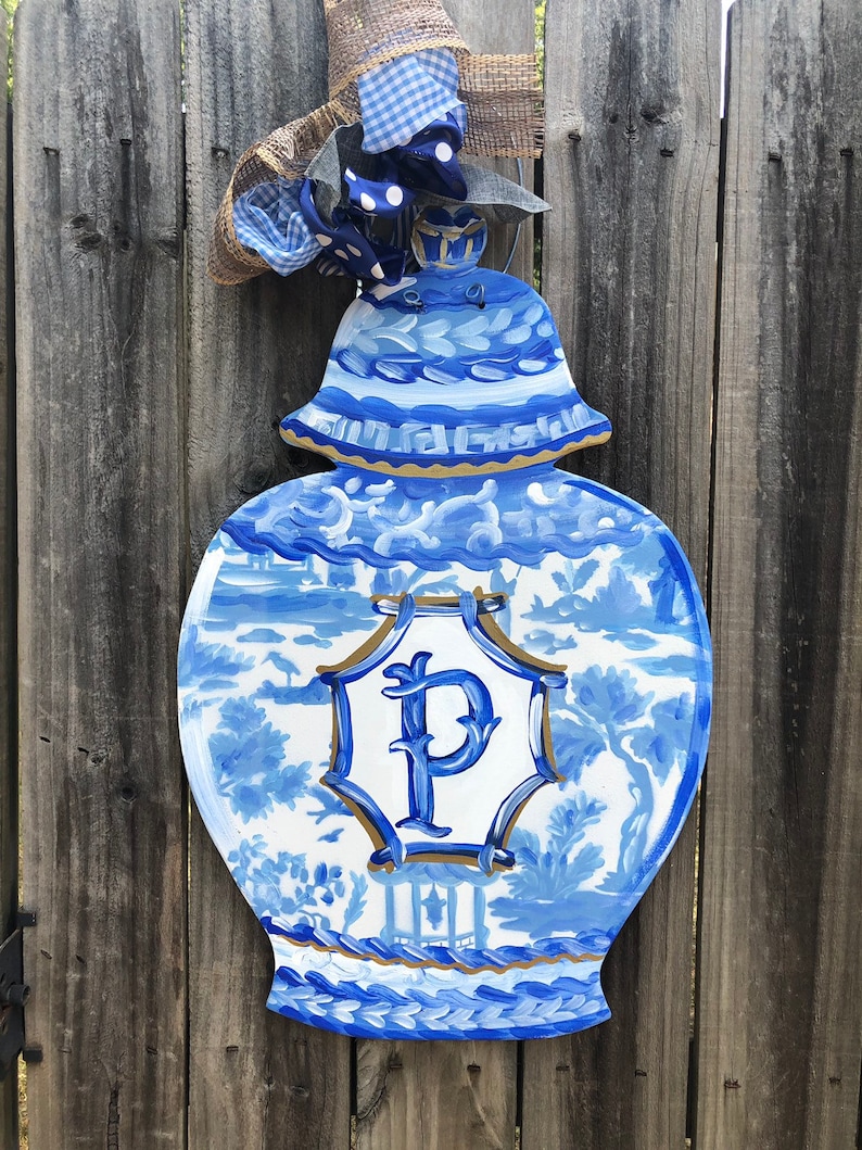 Chinoiserie Ginger Jar Blue White Door Hanger. Year Round door hanger. Artist Tree. My Artist Tree. image 1