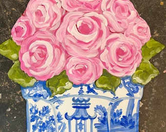 Pink Rose flower pot door hanger in blue chinoiserie planter. Ships in 3-4 weeks.