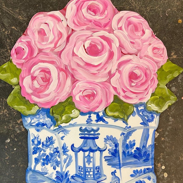 Pink Rose flower pot door hanger in blue chinoiserie planter. Ships in 3-4 weeks.