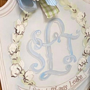 Baby boy hanger nursery door hospital door hanger Soft blue green wreath & blue buds OR cotton bolls blossom baby board with birth info tag Blue with cotton