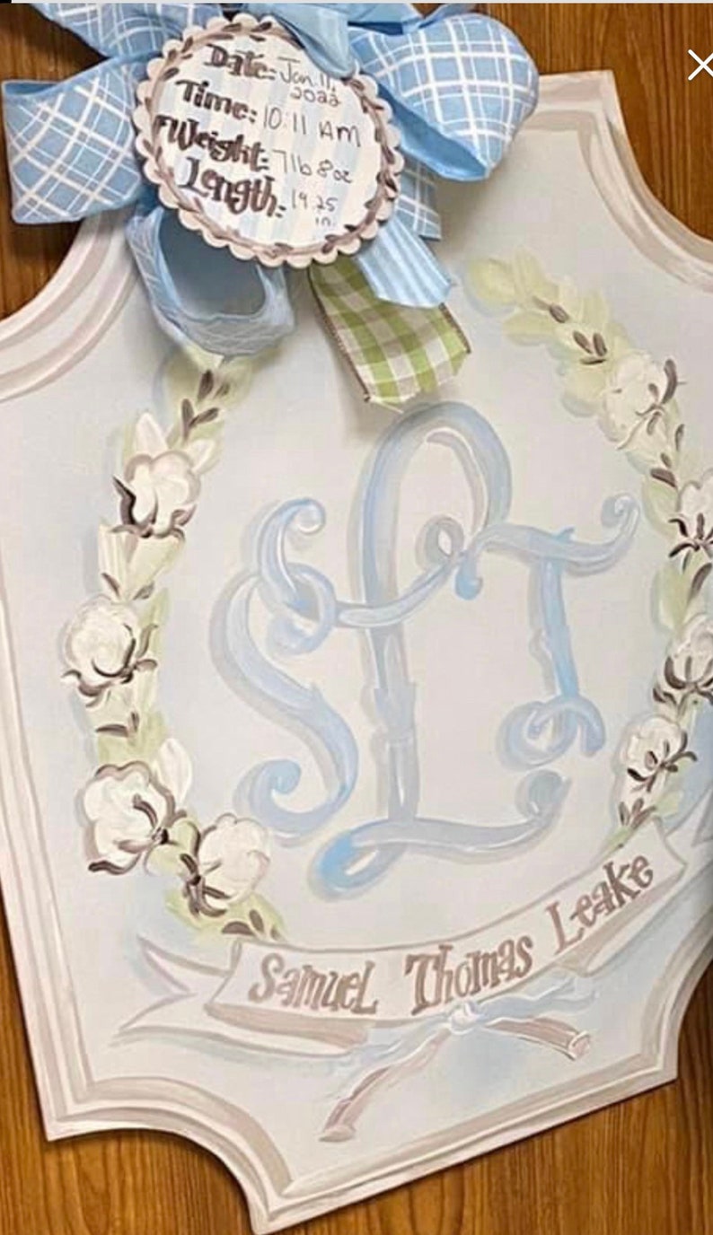 Baby boy hanger nursery door hospital door hanger Soft blue green wreath & blue buds OR cotton bolls blossom baby board with birth info tag Blue with cotton