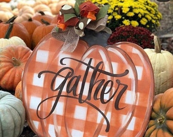 Orange Gingham Pumpkin Door Hanger - Fall Home Decor (26”x21”