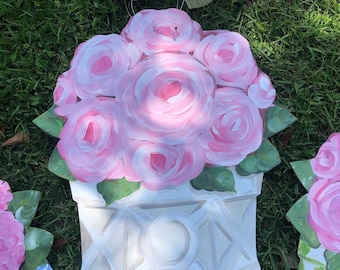 Pink roses in wood planter. Summer door hanger. Artist Tree. My Artist Tree