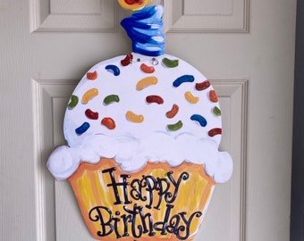 Bright & fun  birthday cupcake door hanger. Birthday decoration. Happy Birthday door hanger. Artist Tree. Front door birthday sign