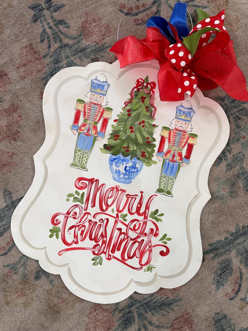 Merry Christmas hand painted topiary nutcracker chinoiserie blue and white blue willow china door hanger