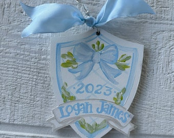 Baby blue crest personalized ornament 6”x5”