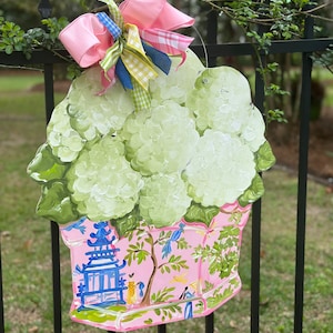 White hydrangea with a fun colorful pink chinoiserie pot Doorhanger.