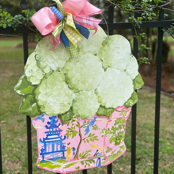 White hydrangea with a fun colorful pink chinoiserie pot Doorhanger.