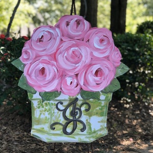 Pink Rose flower pot door hanger in green chinoiserie planter.