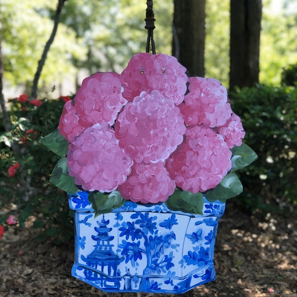 Pink Hydrangea flower pot door hanger