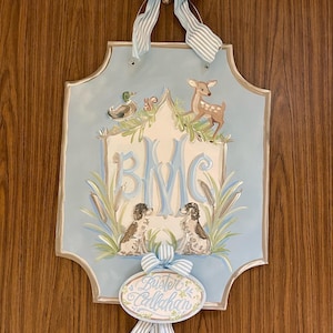 Dog crest baby door hanger springer mallard dawn doe deer southern wildlife woodland squirrel monogram hospital door hanger BOY or GIRL