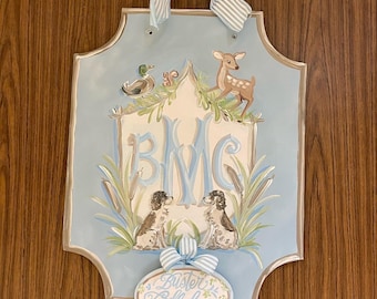 Dog crest baby door hanger springer mallard dawn doe deer southern wildlife woodland squirrel monogram hospital door hanger BOY or GIRL