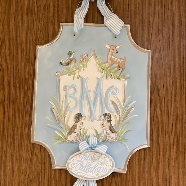 Personalized Baby Boy Door Hanger: Wildlife Crest, Dog, Hunting, Deer, Duck, Monogram Nursery Decor
