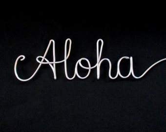wire word aloha, wire words, aloha, wire writing, wire script words, wire cursive words, wire word art, wire hanging words, decorative sign, wire art