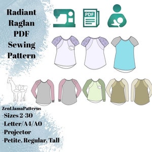 Peut inclure: Un patron de couture PDF intitulé "Radiant Raglan" avec des illustrations de t-shirts à manches raglan de différentes couleurs. Le patron comprend les tailles 2-30 et est disponible aux formats Lettre/A4/A0, avec des options de projecteur et de tailles petite, régulière et grande.