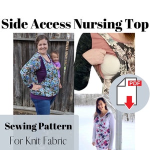 Puede incluir: Un patrón de costura de top de lactancia con acceso lateral para tejido de punto. La imagen muestra a una mujer con un top con estampado floral con un acento morado y un bebé. El texto de la imagen dice "Side Access Nursing Top" y "Sewing Pattern For Knit Fabric".