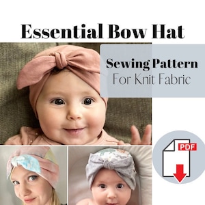 May include: A sewing pattern for a knit bow hat. The pattern is available as a PDF download. The image shows three babies wearing the hat in different colors.