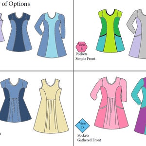 Puede incluir: Cuatro vistas diferentes de un patr&oacute;n de vestido con opciones para bolsillos y un frente simple o fruncido. El vestido se muestra en varios colores, incluidos azul, verde, amarillo, rosa y morado.