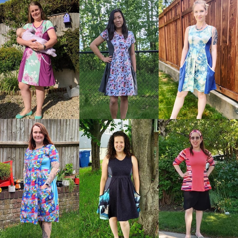 Puede incluir: Un collage de nueve im&aacute;genes que muestran a mujeres con diferentes estilos de vestidos. Los vestidos son de varios colores y patrones, incluyendo dise&ntilde;os florales, geom&eacute;tricos y abstractos. Algunos vestidos tienen mangas cortas, mientras que otros tienen mangas largas. Las mujeres est&aacute;n de pie en diferentes poses, algunas con los brazos cruzados, otras con las manos en las caderas.