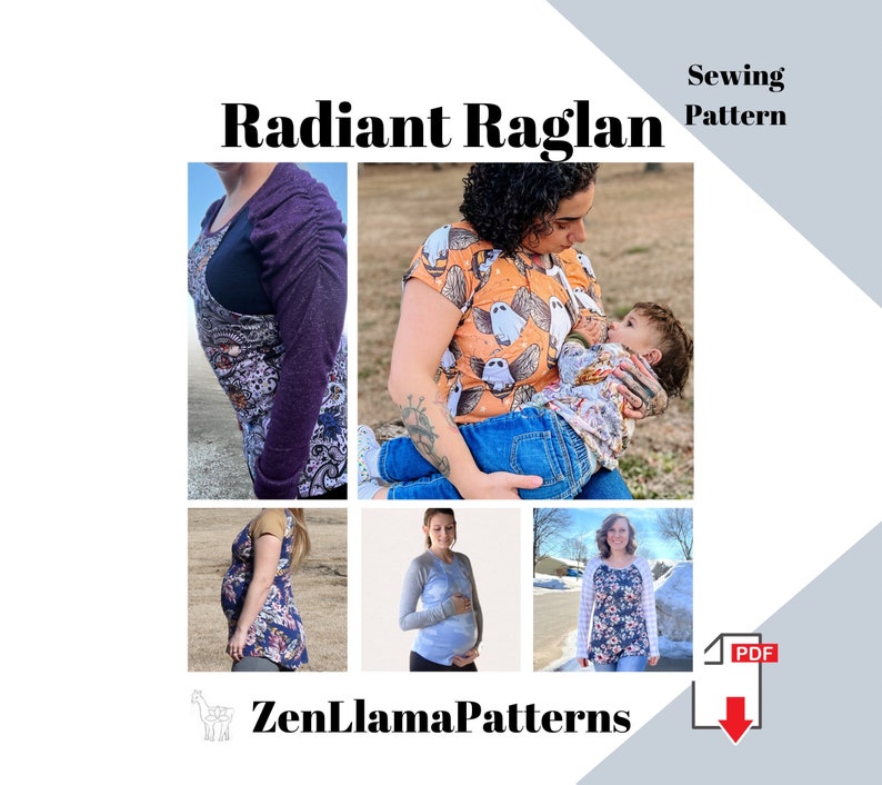 K&ouml;nnte beinhalten: Ein digitaler Download-Schnittmuster f&uuml;r ein Radiant Raglan Oberteil. Das Schnittmuster ist im PDF-Format erh&auml;ltlich. Das Bild zeigt mehrere Frauen, die verschiedene Versionen des Oberteils tragen, darunter eine Frau, die ein Baby h&auml;lt.